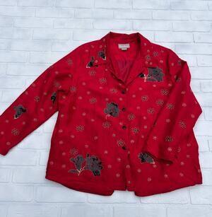 TanJay Women's  Red and Black Sequin Silk Button Lightweight Holiday Jacket-sz L